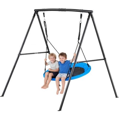 VEVOR tuinschommel met A-vormig metalen frame, schommelzitje (101,6 cm hoog), draagvermogen tot 199,6 kg, buitenschommelset, verstevigd met spiraalvormige grondankers, schotelschommel, zwart/blauw
