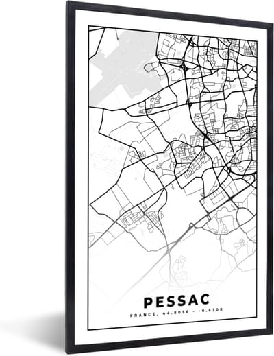 Fotolijst incl. Poster Zwart Wit- Kaart - Stadskaart - Frankrijk - Plattegrond - Pessac - Zwart wit - 40x60 cm - Posterlijst