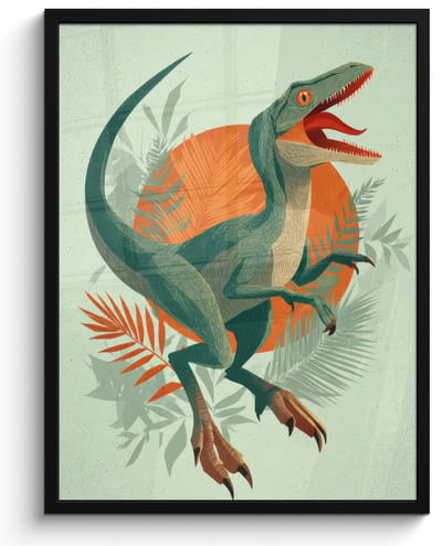Poster in lijst - Fotolijst 60x80 cm - Posters - Dino - Bladeren - Grafisch - Groen - Posterlijst zwart - Decoratie - Wanddecoratie woonkamer - Muurdecoratie slaapkamer