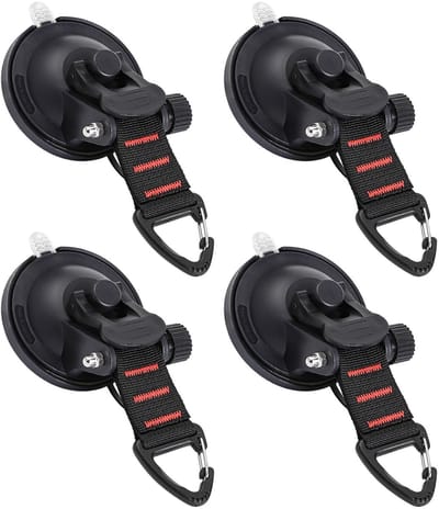 Oneay Extra sterke zuignaphaakjes (4 stuks)–Krachtige bevestigingszuignappen met veiligheidshaak–Geschikt voor auto, camper, boot en camping – Sterke grip op ramen, zeilen en gladde oppervlakken–Handige camperaccessoires voor binnen en buitengebruik
