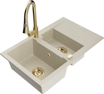 Mexen Gaspar granieten spoelbak 1,5-kamer met afdruiprek en keukenmengkraan Elia, beige - 6507-69-670101-50