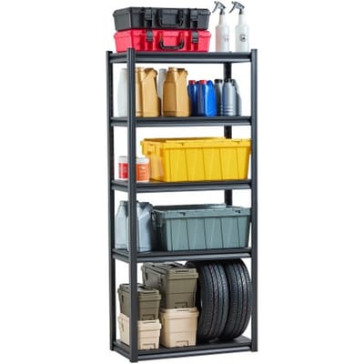 VEVOR Opslagrek, 907 kg, boutloze stelling, kelderstelling, robuuste verstelbare metalen zware stelling, 5 niveaus, 406,4 x 812,8 x 1828,8 mm, werkplaatsstelling, voor keuken, werkplaats, kelder, magazijn, zwart