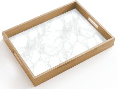 Dienblad hout 40x30 cm - Schootdienblad - Minimalistisch - Wit - Grijze aders - Borrelplank rechthoek - Plateau dienbladen