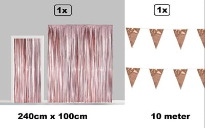 Set Folie gordijn metallic 2,4m x 1m rosegoud + vlaggenlijn rosegoud 10 meter - Huwelijk Decoratie festival themafeest carnaval gala disco glitter and glamour wanddeco