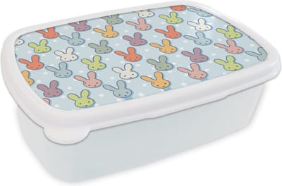 Broodtrommel Wit - Lunchbox - Brooddoos - Konijnen - Stippen - Pastel - Blauw - Patronen - 18x12x6 cm - Volwassenen