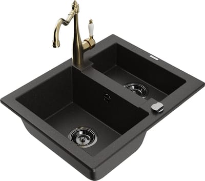 Mexen Carlos granieten gootsteen 1,5-komor met keukenmengkraan Carla, zwart/goud metallic - 6518-75-670700-50-B