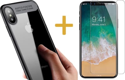 Transparant Siliconen Hoesje Zwart geschikt voor Apple iPhone Xs / X + Screenprotector Tempered Glass - Case van iCall