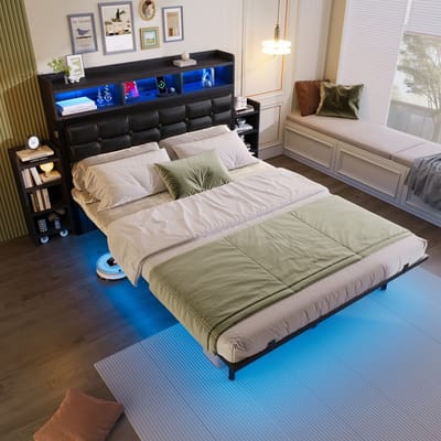 PHOEBE CAT Tweepersoonsbed - 140*190 CM - 2 uittrekbare nachtkastjes - USB/Type-C - LED verlichting - Grijs + Zwart