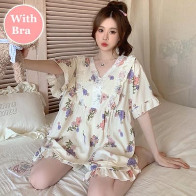 Grote Maten Pyjama Dames Bloemenprint Nachtkleding Set Top met Korte Mouwen+Shorts Ruches Huiskleding Huidvriendelijk Ademend 6XL white