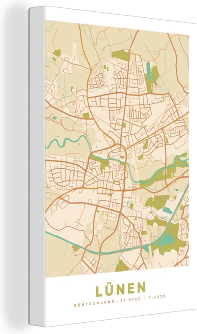 Canvas Schilderij Stadskaart - Lünen - Plattegrond - Kaart - Vintage - 20x30 cm - Wanddecoratie