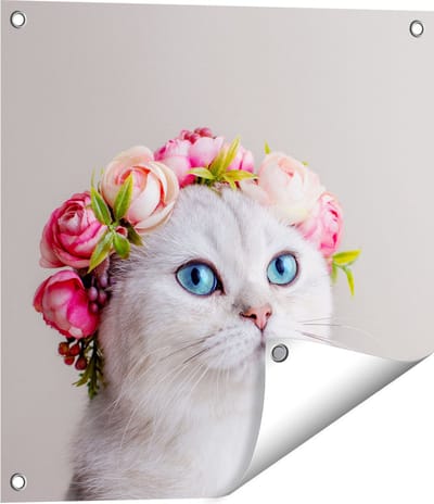 Gards Tuinposter Kat met een Bloemen Kroon - 50x50 cm - Tuindoek - Tuindecoratie - Wanddecoratie buiten - Tuinschilderij