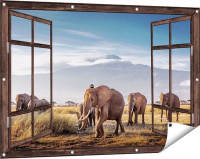 Gards Tuinposter Doorkijk Groep Olifanten Lopen voor de Bergen - 120x80 cm - Tuindoek - Tuindecoratie - Wanddecoratie buiten - Tuinschilderij