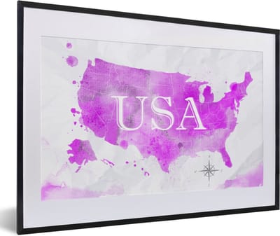Poster in lijst - Fotolijst 60x40 cm - Posters - Wereldkaart - Roze - Verenigde Staten - Posterlijst zwart - Decoratie - Wanddecoratie woonkamer - Muurdecoratie slaapkamer