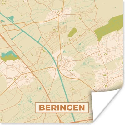 Poster Plattegrond - Kaart - Stadskaart - België - Beringen - 100x100 cm XXL