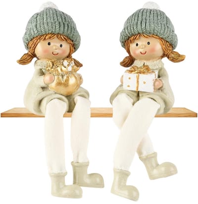 Dekoratief | Winterkindje m/hangbeentjes, groen/blauw, resina, 7x5x16cm, set van 2 stuks | A255251