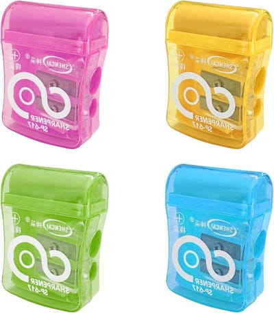 Dubbele gaten handmatige puntenslijper voor school met gum, kinderen en volwassenen - set van 4. Geschikt voor studenten, klaslokaal, huis en bedrijf. Kleur willekeurig.