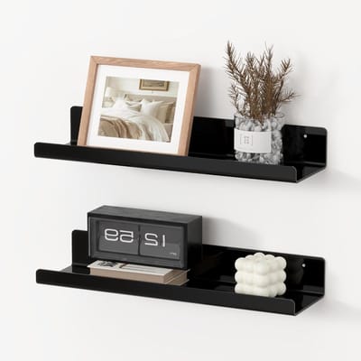 Set van 2 Zwarte Acryl Wandplanken 38x10cm zonder Boren, Dubbele Bevestiging voor Vinyl Platen en Decoratie in de Slaapkamer