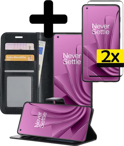 Hoesje - Met 2x Screenprotector - Geschikt voor OnePlus 10 Pro - Luxe Pasjeshouder - Bookcase Portemonee - Flip Case - Kunstleer Book Case - Flipcase Hoes - Book Cover - Walletcase - Portemonneehoes - Telefoonhoesjes - Zwart