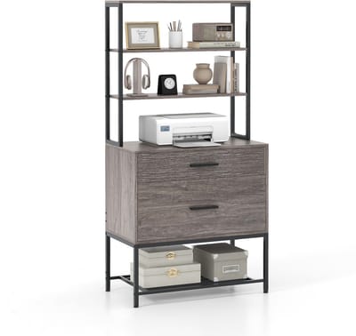 COSTWAY archiefkast, kantoorkast met 3 open planken en 2 laden, boekenkast, opbergrek voor woonkamer, slaapkamer, kantoor (grijs)