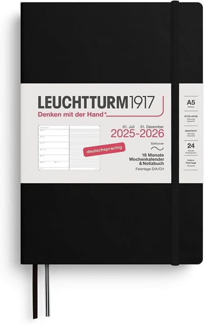 Agenda en Notitieboek A5 2026 (18 Maanden) Weekoverzicht Softcover Zwart Duitstalig