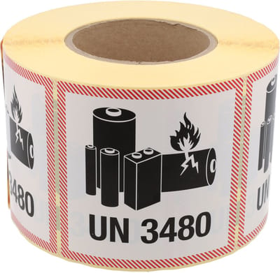 DULA Waarschuwingsetiket UN 3480 Lithium Batterijen 100x100 mm - Kern 76mm - 1000 per rol