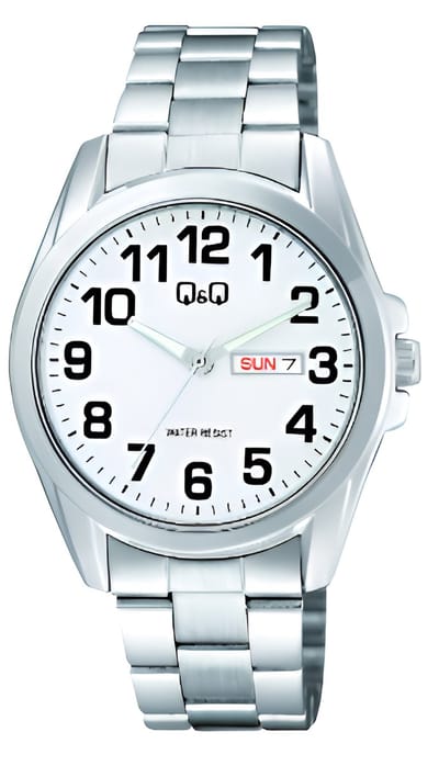 Q&Q A05A-002PY - Horloge - Analoog -Heren- Stalen band - Rond - Metaal - Cijfers - Datumaanduiding - Zilverkleurig - Wit