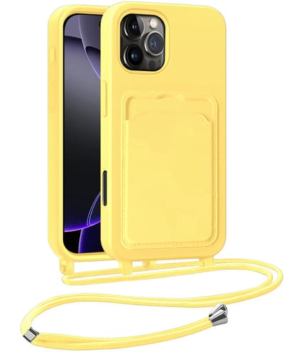 Hoesje Geschikt voor iPhone 16 Pro Hoesje Met Telefoonkoord en Pasjeshouder Siliconen - Hoes Geschikt voor iPhone 16 Pro Hoesje Met Kaarthouder Case - Geel