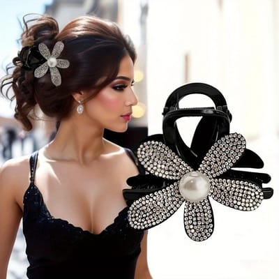 Prachtige Uitgesneden Bloem Haarclip voor Dames met Schitterende Diamanten, Nieuw 2024 Ontwerp, Elegante Haaienklem voor Opgestoken Haar. gray