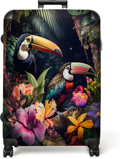 NoBoringSuitcases.com® - Koffer groot - Reiskoffer lichtgewicht - Toekan - Bloemen - Planten - Jungle - Rolkoffer met 4 wielen - Grote trolley XL - 98 liter bagage