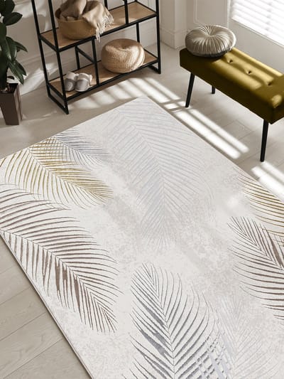 the carpet Mila – Vloerkleed met palmbladmotief in glanslook, geschikt voor woonkamer en slaapkamer, crème met palmblad motief, 80 x 150 cm