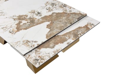 Vente-unique Uitschuifbare eettafel voor 6 tot 10 personen van gehard glas, keramiek en goudkleurig metaal - Wit en taupegrijs marmereffect - LOZIPA van Maison Céphy