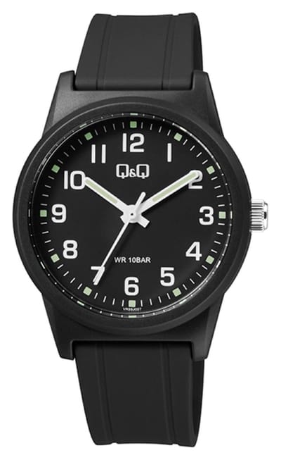 Q&Q VR35J027Y - Horloge - Sport - Analoog - Unisex - Plastic band - Rond - Cijfers - Streepjes - Vierkantjes - Kunststof - Zwart - 10 ATM