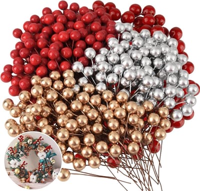 300 Stuks Kunstmatige Kerst Hulst Bessen in Rood, Goud en Zilver voor Kerstdecoraties, Wreaths en Tafeldecoratie