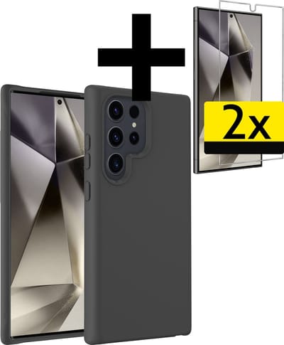 Hoesje - Met 2x Screenprotector - Geschikt voor Samsung Galaxy S24 Ultra - Sterk & Shockproof - Back Cover - Siliconen Case - Telefoon Hoes - Telefoonhoesjes - Zwart