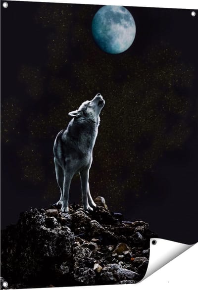 Gards Tuinposter Wolf Huilt naar de Volle Maan - 80x100 cm - Tuindoek - Tuindecoratie - Wanddecoratie buiten - Tuinschilderij