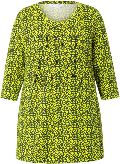 MIAMODA - Dames - Longshirt luipaardpatroon glitterstatement 3/4-mouw - Limoen - Maat 44