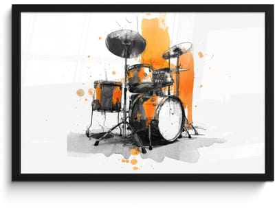 Poster in lijst - Fotolijst 60x40 cm - Posters - Drumstel - Oranje - Zwart - Aquarelverf - Posterlijst zwart - Decoratie - Wanddecoratie woonkamer - Muurdecoratie slaapkamer