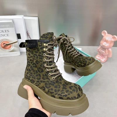 Dameslaarzen Trend Motorfiets Luipaardprint Dameslaars Nieuwe High-end Populaire Enkellaars Dikkere Zool Comfort Damesschoenen 35 groen