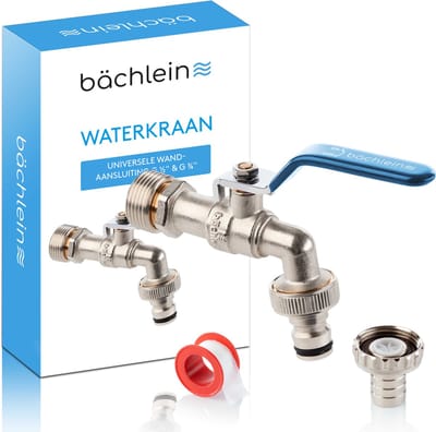 Universele waterkraan voor de tuin [blauw] incl. 2 slangaansluitingen - edele kogelkraan met 1/2 en 3/4 inch aansluiting, uitloop buitenkraan