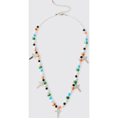 Multi Colour Beaded Necklace with Silver Cross Charms