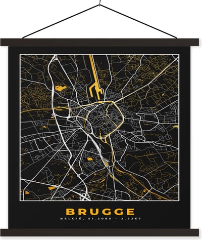Posterhanger incl. Poster 60x60 cm - Schoolplaat - Goud - Brugge - Stadskaart - Kaart - Plattegrond - Textielposter - Zwarte latten - Stadskaart