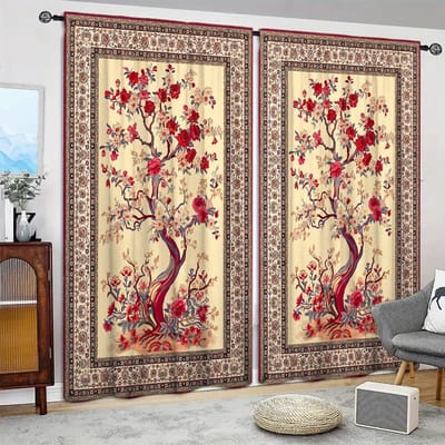 2 stuks Perzische Kunstboom Print Gordijn voor Huisdecoratie - Stangzak Raambekleding voor Slaapkamer, Kantoor, Keuken en Woonkamer 52.5cmX116cmX2pcs gray