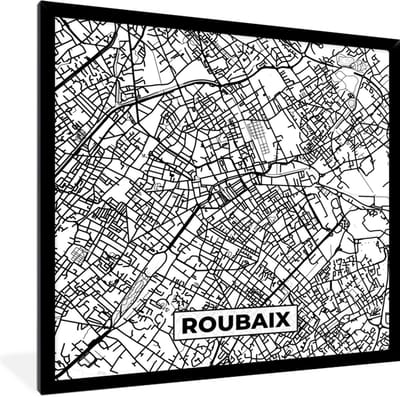 Fotolijst incl. Poster Zwart Wit- Kaart - Stadskaart - Roubaix - Frankrijk - Plattegrond - Zwart wit - 40x40 cm - Posterlijst