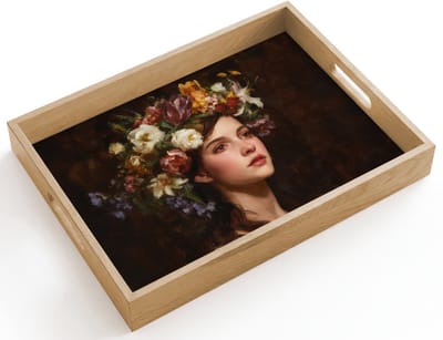 Dienblad hout 40x30 cm - Schootdienblad - Portret - Vrouw - Bloemen - Borrelplank rechthoek - Plateau dienbladen