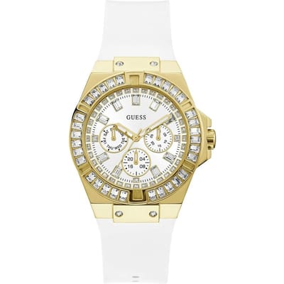Guess Dames Quartz Horloge - Goudkleurige Kast Witte Siliconen Band Kristal-Belegde Chronograaf GW0118L5 beige
