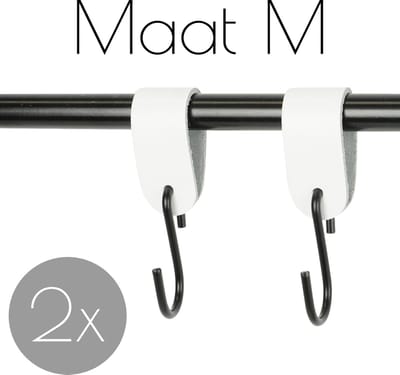 2x Leren S-haak hangers - Handles and more® | WIT - maat M  (Leren S-haken - S haken - handdoekkaakje - kapstokhaak - ophanghaken)