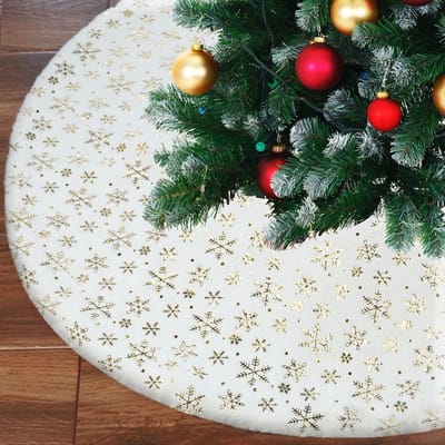 Witte Pluche Kerstboomrok 90 cm met Gouden Sneeuwvlokken voor Feestelijke Decoratie en Kerstmis Versiering