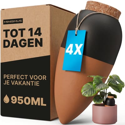 MINISMUS Waterdruppelaar Terracotta 950ml Set van 4 - Bewateringsbal - Zelfbewaterend Watergeefsysteem voor Kamerplanten - Waterbol voor Binnen en Buiten - Automatische Beregening tot 14 dagen - Vakantie Plantenverzorging - Olla