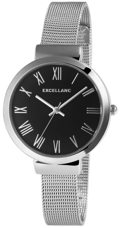 EXCELLANC -dameshorloge-model 1300036- met Milanese band-verstelbare band-Romeinse cijfers-zilverkleurig-zwart-3 atm-diameter 34