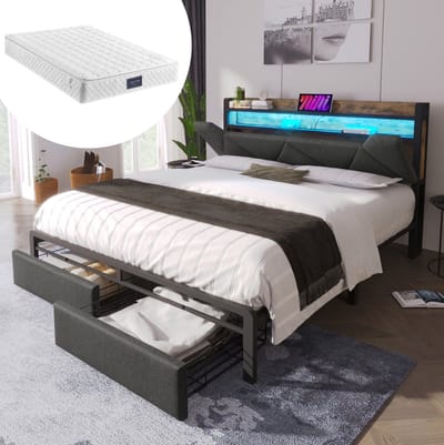 MEUNIQ tweepersoons bedframe 160x200 met opberghoofdbord, USB-C en USB laadpunten, LED verlichting, 2 lades, lattenbodem en metalen frame voor slaapkamer, grijs